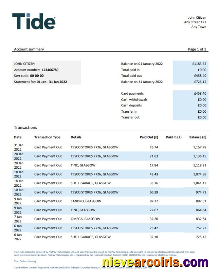 United Kingdom Tide bank statement, Word and PDF